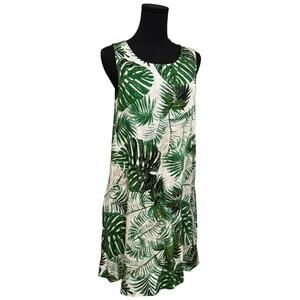 Tahari Sleeveless Dress Linen Tropical Monstera Palm Fronds Green White Beach